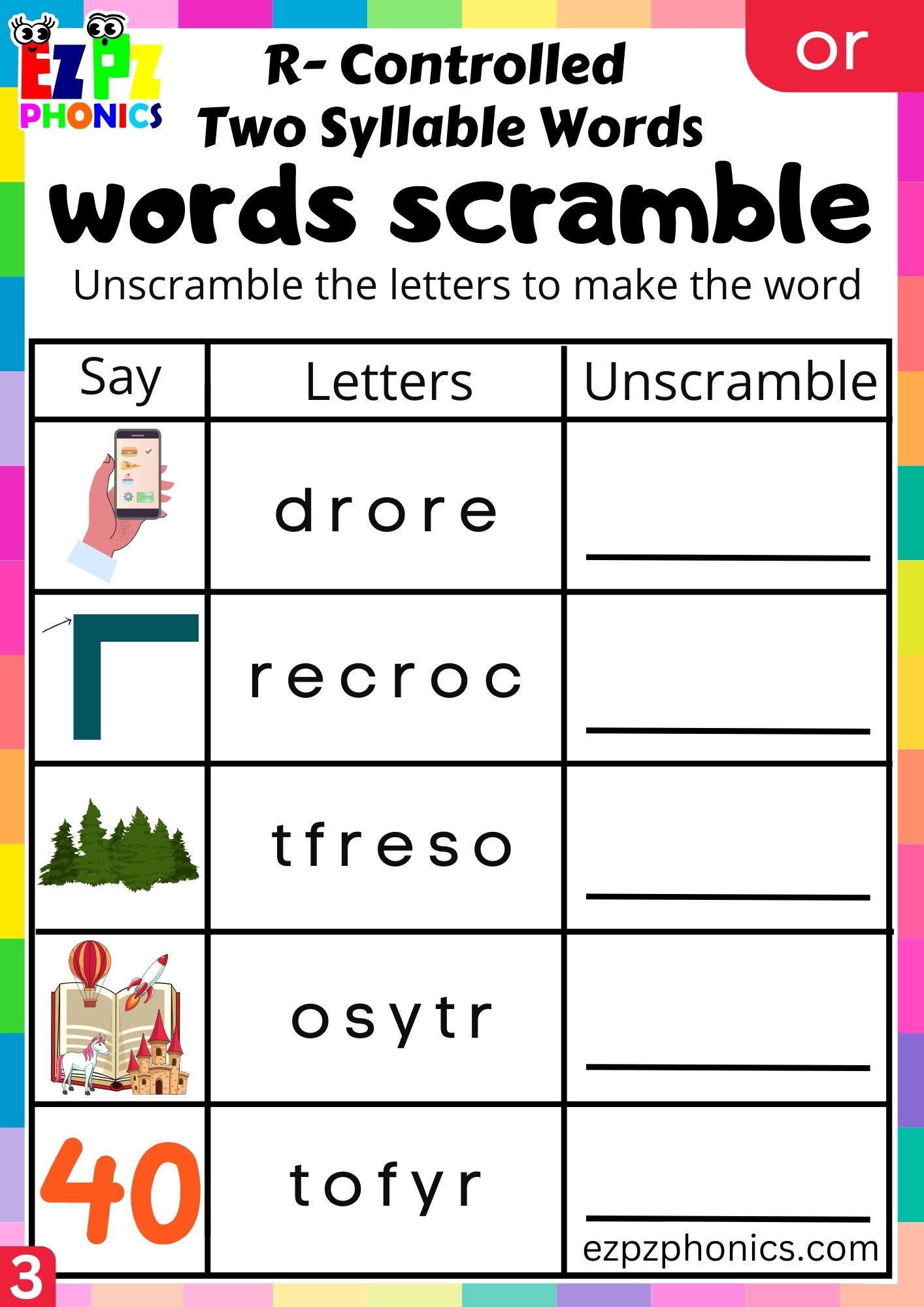 Word scramble worksheet for two syllable or words R Controlled Vowels Phonics group 3